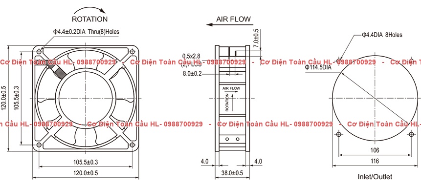 Natural QUẠT HÚT TỦ ĐIỆN NA12038 – 120×120×38mm góc nhìn khác