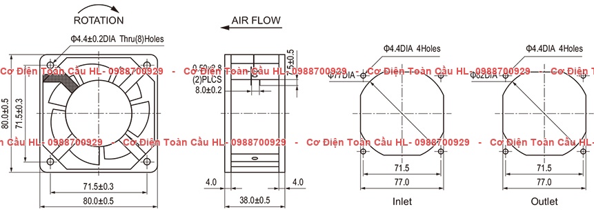 Natural QUẠT HÚT TỦ ĐIỆN NA8038 80x80x38mm góc nhìn khác