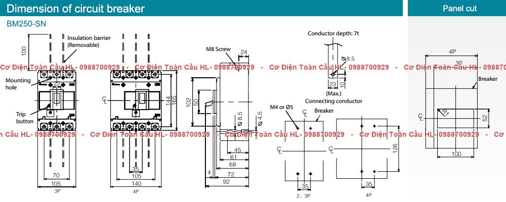 Aptomat khối MCCB Mitsubishi Electric NF-CV 3P 200A 30kA (NF250-CV-3P-200A) góc nhìn khác